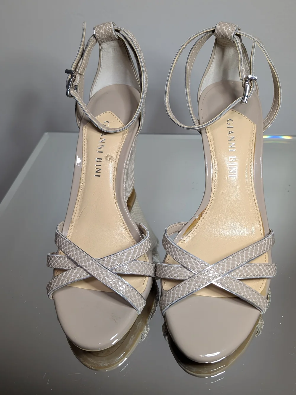 Gianni Bini Nude Textured Wedge Sandals with Ankle Strap